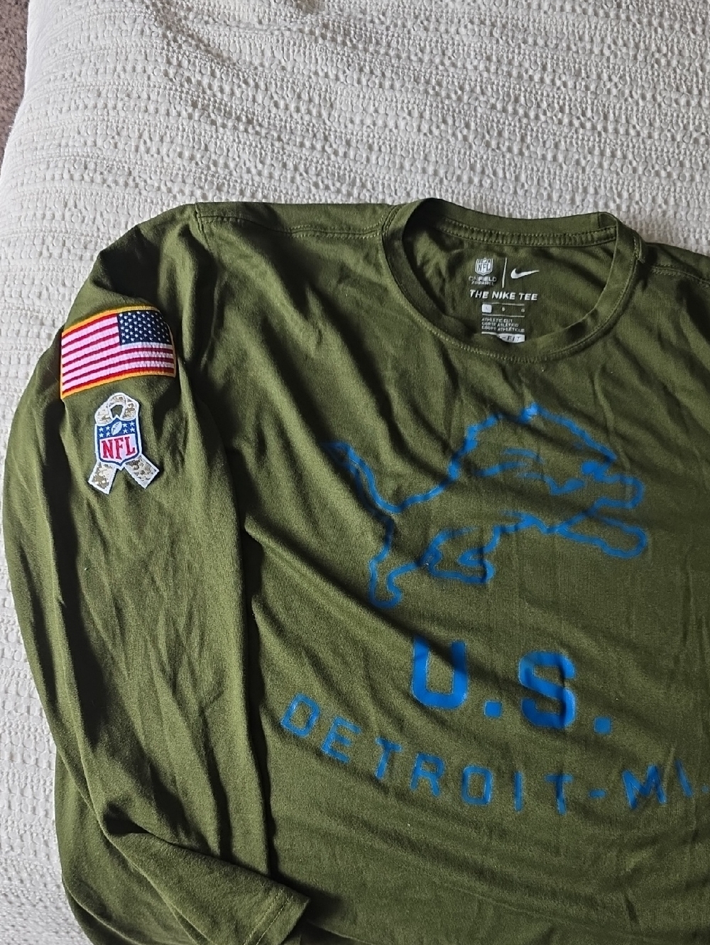 Nike Olive Green Long Sleeve Tee with Blue Detroit Lions - Salute To Service